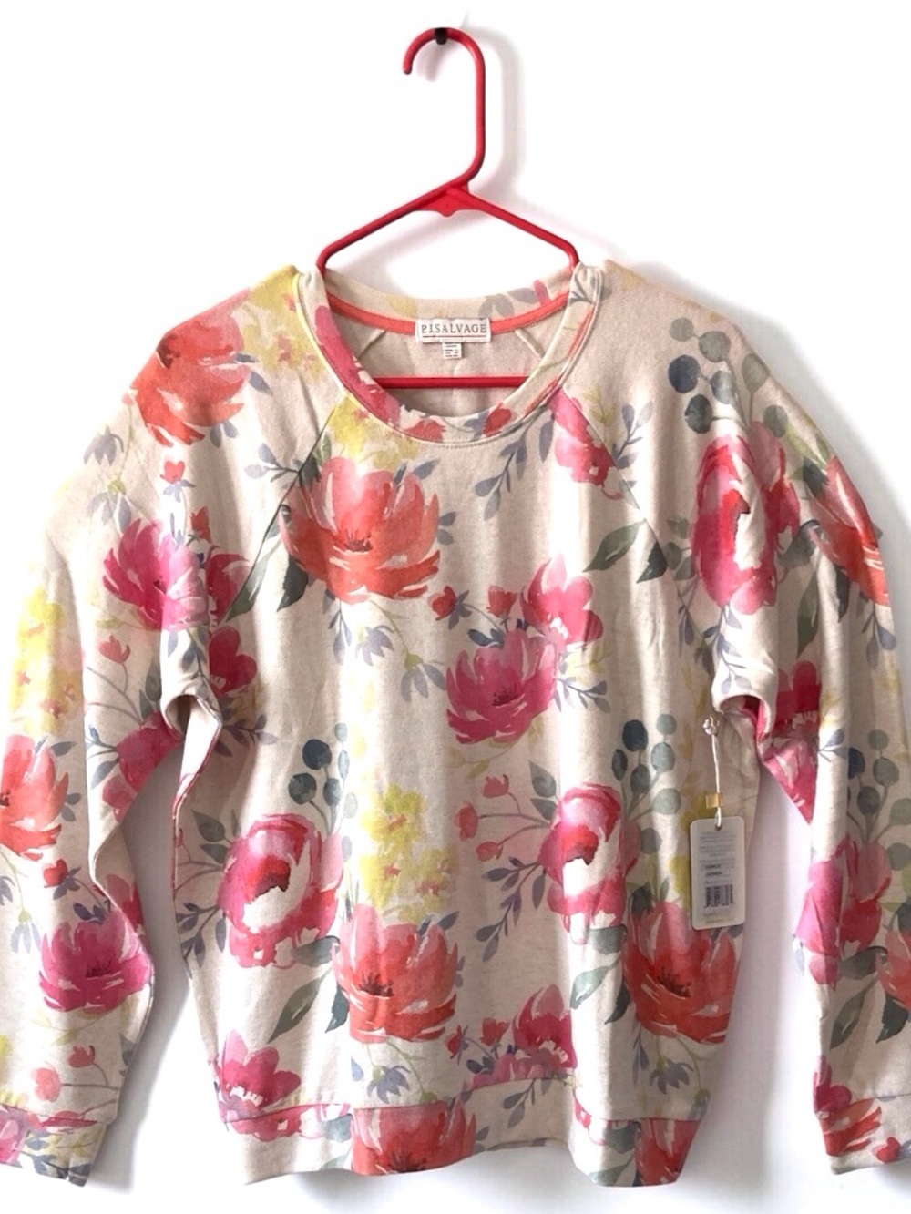 PJ SALVAGE Floral Oatmeal Sweatshirt New with Tags Pink Watercolor Flowers large
